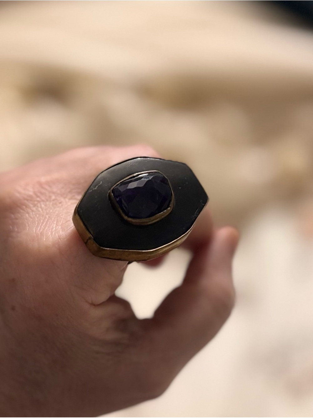 Jessica Simpson Black Ring with Purple Stone and Gold Trim